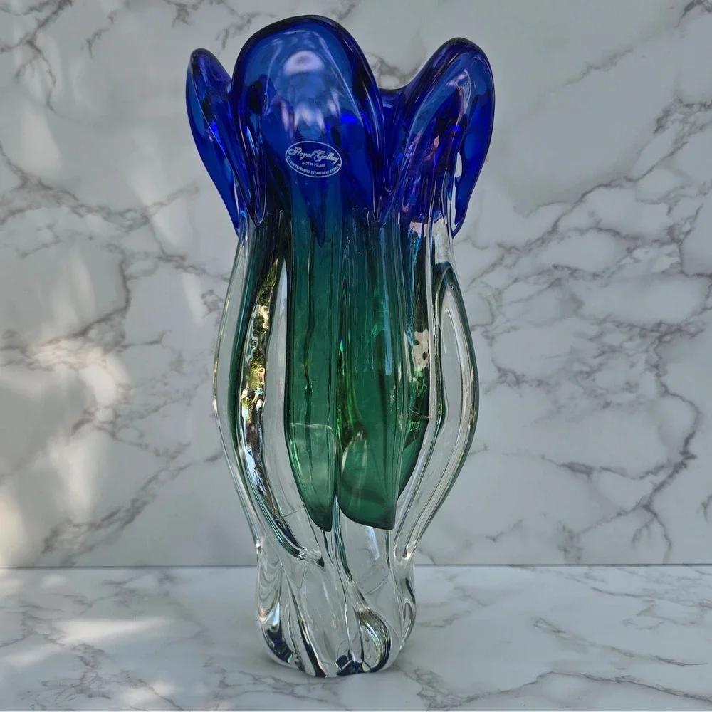 Royal Gallery Poland Art Glass Vase Blue Green Pulled Rim 1999 Federated 10 inch